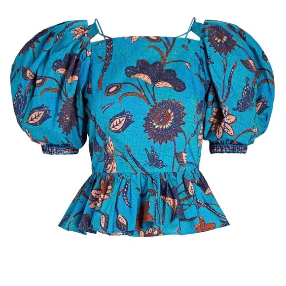 Ulla Johnson Puff-Sleeve Blue Floral Peplum Carlotta Blouse Size Small/4 - Picture 8 of 10
